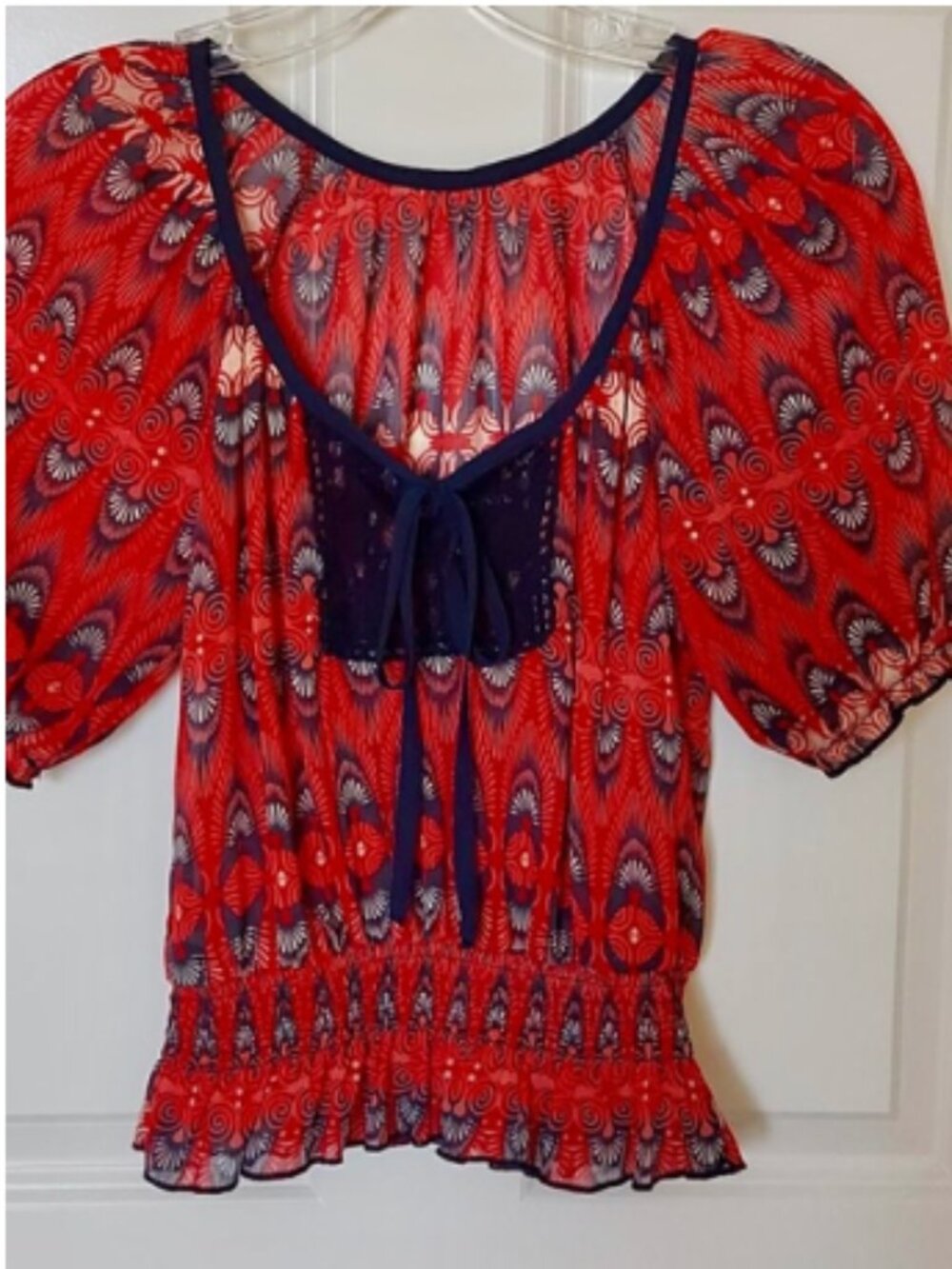 Women’s Red Blue Paisley Floral Tie Front Blouse XS Short Sleeve